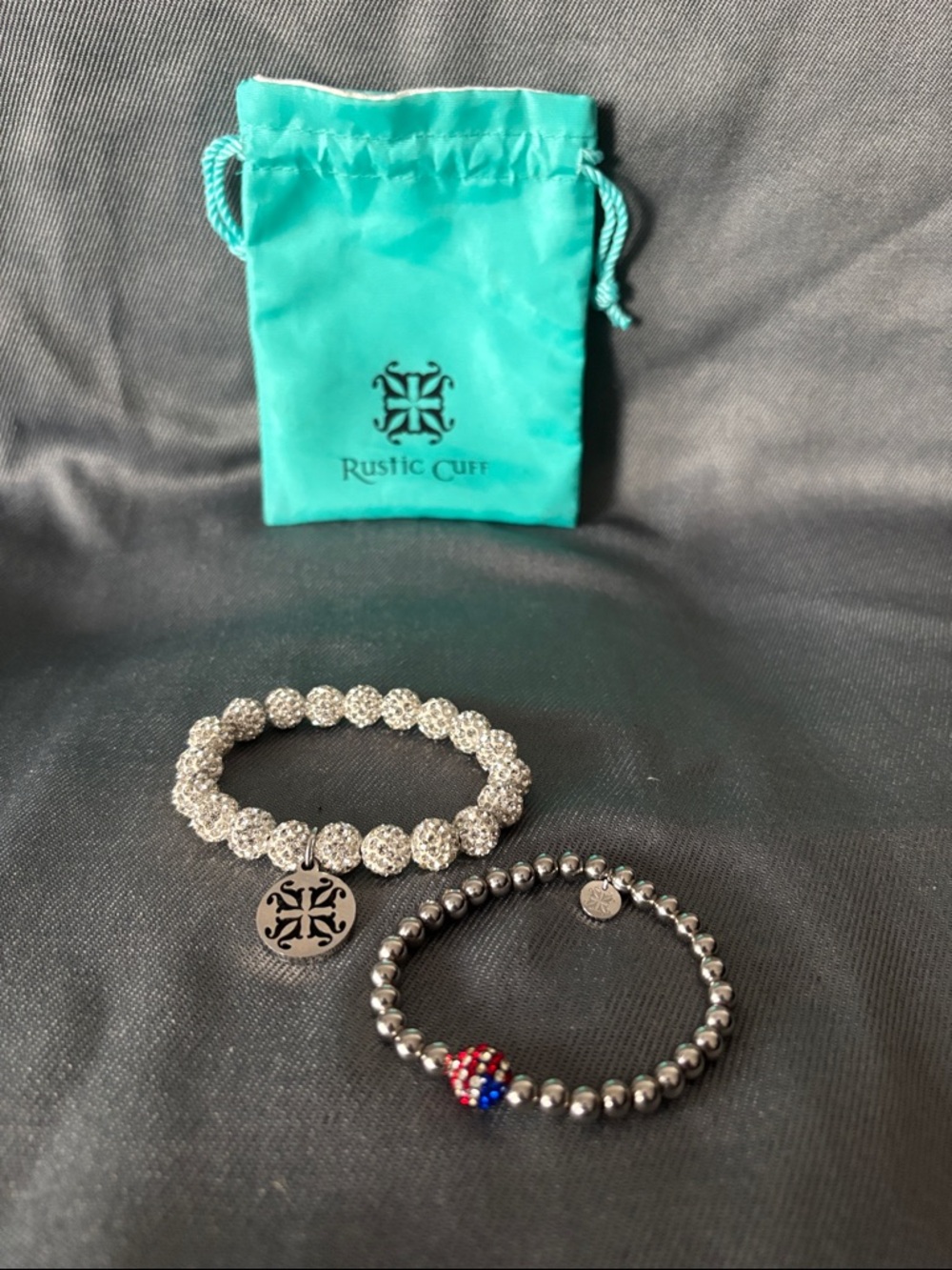 Rustic Cuff Turquoise Pouch with Silver Crystal & Hematite Beaded Bracelets